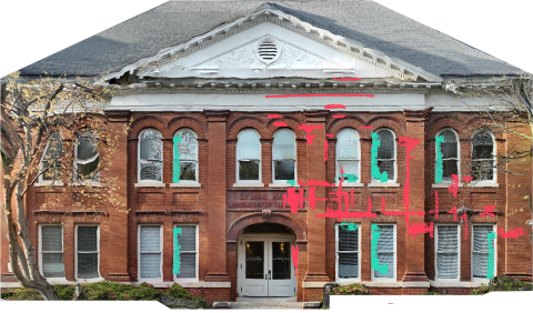 Image of south facade of Lyman Hall with drone technology markings