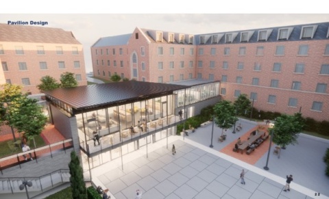Conceptual rendering of the building connector pavilion for the Smith and Howell residence halls. Subject to modification. 