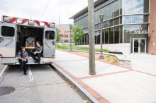 Grady EMTs Lauren Davis and Rae Vaughan at the Georgia Tech Police Department. Photo by Joya Chapman