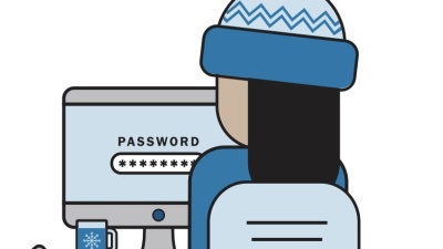 Graphic: Person in blue hat at computer entering password