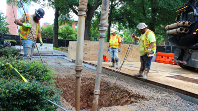 Chilled water construction workers at Harrison Square