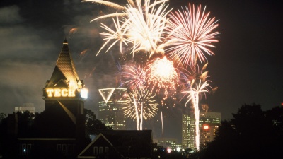 Tech Tower with Fireworks. Copyright Georgia Institute of Technology. Photographer: Daniel Uhlig