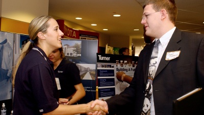 Well-prepared student interacts with a recruiter at the Georgia Tech Career Fair. 