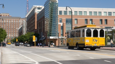 The Tech Trolley ferries passengers from the main campus to Tech Square and the Midtown MARTA station.