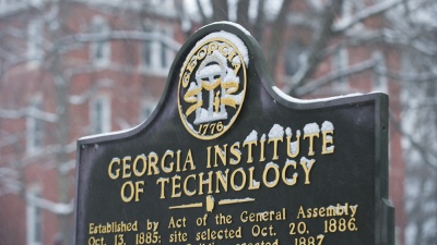 Georgia Tech historic marker covered in snow during a 2014 winter weather event. Photographer: Rob Felt