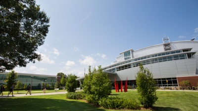 Campus Recreation Center (CRC) (right), Joseph B. Whitehead Student Health Center building (left) (Photo Credit: Raftermen Photography)