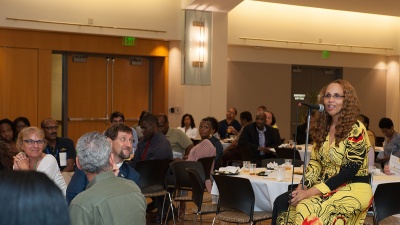 Cheryl Cofield, director of inclusion and engagement for Institute Diversity, facilitates a small group dialogue on micro-messages during the Diversity Roundtable luncheon at the Student Center Ballroom.