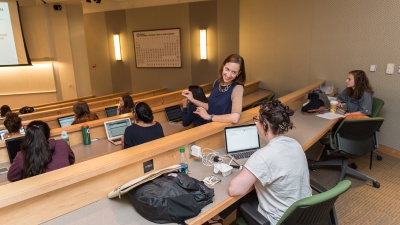 Linda Green fields a question from a student during her Introduction to Organismal Biology course. Green uses in-class technology to gauge how well students are understanding the material.