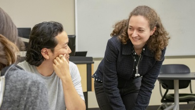 Daniel Youngchul Son, a graduate student in the School of City and Regional Planning, talks with Jenny Strakovsky, assistant director of career education and graduate programs in the School of Modern Languages, during a session of the Career Design for Global Citizenship course on April 17, 2019.