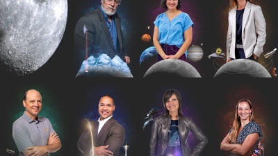 Georgia Tech researchers from the Colleges of Sciences, Engineering, and Ivan Allen Liberal Arts, each superimposed over a partially shaded Moon. 