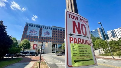 A 'no parking' sign on Fowler Street at Georgia Tech prior to the June 27 presidential debate in Atlanta, Georgia