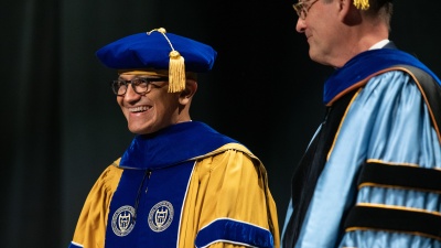 Microsoft Chairman and CEO Satya Nadella received an honorary Ph.D. during a ceremony inside the John Lewis Student Center's Atlantic Theater Thursday. 