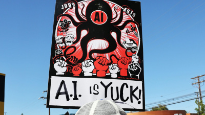 Ethical concerns – like the mistreatment of content creators decried by this protester – drive both veganism and resistance to using AI. Mario Tama/Getty Images