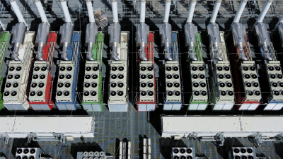 These ‘chillers’ on the roof of a data center in Germany, seen from above, work to cool the equipment inside the building. 