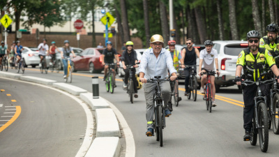 Cyclists on the campus cycle track along Ferst Drive