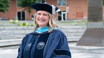 Caitlyn Wine outside the John Lewis Student Center