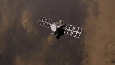 This close-up illustration shows what one of the twin ESCAPADE spacecraft will look like conducting its science operations. James Rattray/Rocket Lab USA/Goddard Space Flight Center