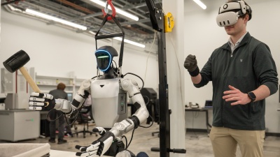 This is an image of someone using VR goggles and a glove to control a humanoid robot holding a rubber mallet.