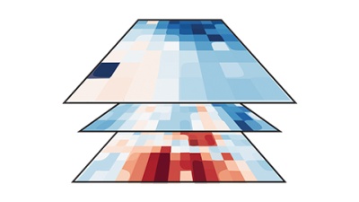 Three layered, abstract heat‑map style grids in shades of blue, red, and beige, stacked to resemble data layers or visualization panels.
