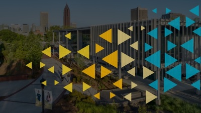 Multicolored rectangular patterns over photo of Georgia Tech campus