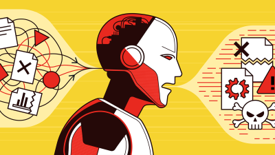 A red robot in front of a yellow background emits a speech bubble that indicates harmful output