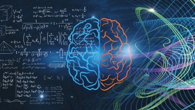 Digital illustration of a human brain split down the middle: the left side is filled with white mathematical equations, diagrams, and formulas, while the right side is surrounded by colorful, flowing lines and abstract wave patterns against a dark blue background.