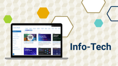 Info-Tech research site displaying Georgia Tech SSO screen on laptop graphic surrounded by hexagon shapes