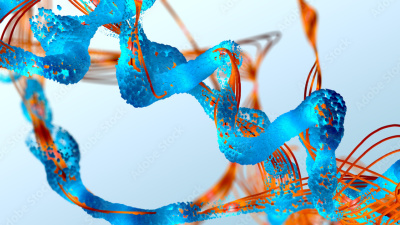 Blue and orange spirals against a light blue background.