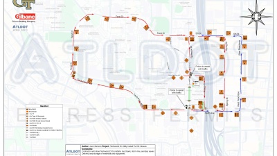 image of logistics and detour map for Techwood Drive closure July 1 - Aug. 2