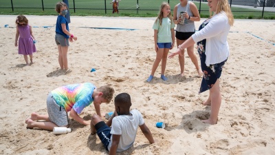 Abby Harvey, camp director for Tech Wreck Summer Camp, with campers and counselors during "Beach Week." (Photo by Allison Carter)