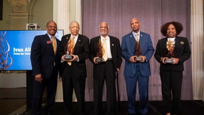 In recognition of their roles as trailblazers, Tech’s first Black students — Lawrence Williams, Ralph Long Jr., and the late Ford Greene, along with the first Black graduate Ronald Yancey — were awarded the 2022 Ivan Allen Jr. Prize for Social Courage on April 20 at the Biltmore Ballroom in Atlanta. 

Pictured left to right: State Rep. David Wilkerson, Ronald Yancey, Ralph Long Jr., Lawrence Williams, and Frankie Hall, wife of the late Ford C. Greene.