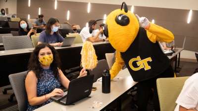 Buzz welcomed students at last fall's Graduate Student Convocation. (Photo by Allison Carter)