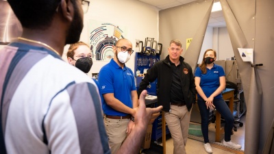 Shane Kimbrough listens to AE master's student Ebenezer Arunkumar during his March 4 visit.