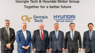 Georgia Tech and Hyundai leaders pose for a photo following the signing of the memorandum of understanding. From left to right:&nbsp;Executive Vice President for Research&nbsp;Chaouki Abdallah, Georgia Tech President Ángel Cabrera, University System of Georgia Chancellor Sonny Perdue, Executive Chairman of&nbsp;Hyundai Motor Company Euisun Chung,&nbsp;President and CEO Jay Chang,&nbsp;President and Global COO&nbsp;José&nbsp;Muñoz.&nbsp;
