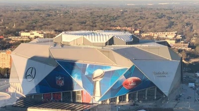 Mercedes Benz Stadium preps for Super Bowl LIII. Image courtesy of Patch