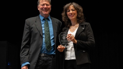 Larry Jacobs and Pinar Keskinocak at the 2022 Faculty and Staff Honors Luncheon