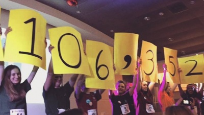 Participants celebrate raising $106,352 at Dance Marathon 2015.