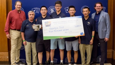 At the North American Collegiate Bridge Championships (L–R): Mitch Dunitz, a sponsor of the Collegiate Bridge Bowl; Giorgio Casinovi, advisor and coach of the Georgia Tech Bridge Club and retired senior research engineer in the School of Electrical Engineering; Weilong Shen; Bo Han “Bruce” Zhu; Vincent Zhu, president of the Georgia Tech Bridge Club; Alan Yu, and Robert Todd, president of the ACBL Educational Foundation.