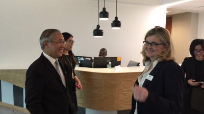 Pisan Manawapat (left), the Kingdom of Thailand’s ambassador to the United States, shares a laugh with Jen Bonnett, general manager of the Advanced Technology Development Center. The ambassador came to Georgia Tech March 24, 2017 to learn about ATDC's best practices. (Photo credit: Péralte C. Paul)