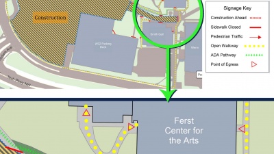 The diagram illustrates the alternate pathways that will be in place beginning in September to maintain traffic flow and sufficient egress in the event of an emergency from the Ferst Center or Smithgall Student Services Building (Flag Building).  