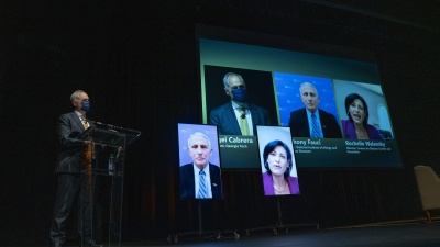 CDC Director Rochelle Walensky congratulates Dr. Anthony Fauci, recipient of the 2021 Ivan Allen Prize.