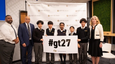 Five students at Cristo Rey Atlanta Jesuit High School were given their acceptance letters by Devesh Ranjan (second from left), the Eugene C. Gwaltney, Jr. School Chair in the Woodruff School of Mechanical Engineering. Photo taken by Ian Sargent.  