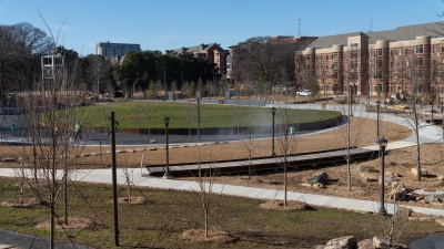 A view from the granite outcropping toward the meadow and contemplative grove.