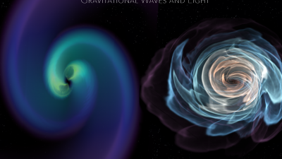 This visualization shows the coalescence of two orbiting neutron stars. The right panel contains a visualization of the matter of the neutron stars. The left panel shows how space-time is distorted near the collisions. Image credit: Karan Jani/Georgia Tech