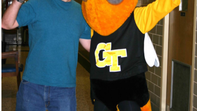 Yellow jacket researcher Michael Goodisman poses with Buzz, the ultimate yellow jacket.