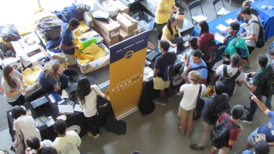 Graduate students gather at the 2016 GradExpo event, an annual resource fair held each August to help new graduate students learn about campus services, student organizations, and local businesses in the surrounding community.