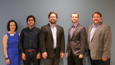 The 2019 Georgia Innovative Economic Development Internship Cohort. From left: Jan Youtie, director of the Science, Technology, and Innovation Policy program at Georgia Tech; Ebney Ayaj Rana, a master's student at Georgia State University; Karl Grindal and Daniel S. Schiff, Ph.D. candidates in Tech's School of Public Policy, and Alfie Meeks, director of Tech's Center for Enonomic Development Research. (Photo by: Matthew Hummel)