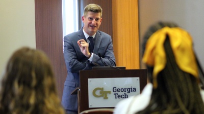The Atlanta Journal-Constitution's Greg Bluestein speaks during Thursday's seminar at the Bill Moore Student Success Center. 
