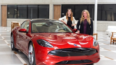 Jenn Voelker and Julia Vorpahl at the Karma Automotive headquarters in Irvine, California. Photo submitted.