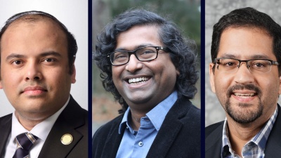 Georgia Tech was awarded $65.7 million to launch two new JUMP 2.0 research centers. Arijit Raychowdhury (left) and Saibal Mukhopadhyay (center) will lead the two centers. Muhannad Bakir (right) is associate director of a third center headquartered at Penn State.